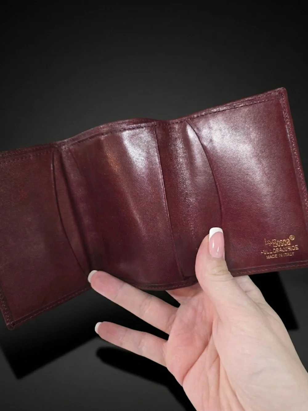 Vintage 80s Bosca Full Grain Hide Leather Trifold Wallet Burgundy Oxblood